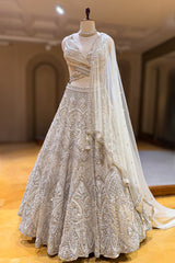 Ivory White Net Cutdana and Sequin Work Designer Lehenga with Warp Style Blouse