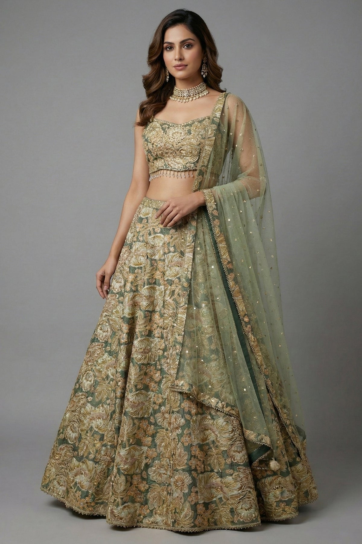 Green Tissue Organza Floral Printed Lehenga with Cutdana Sequin Work