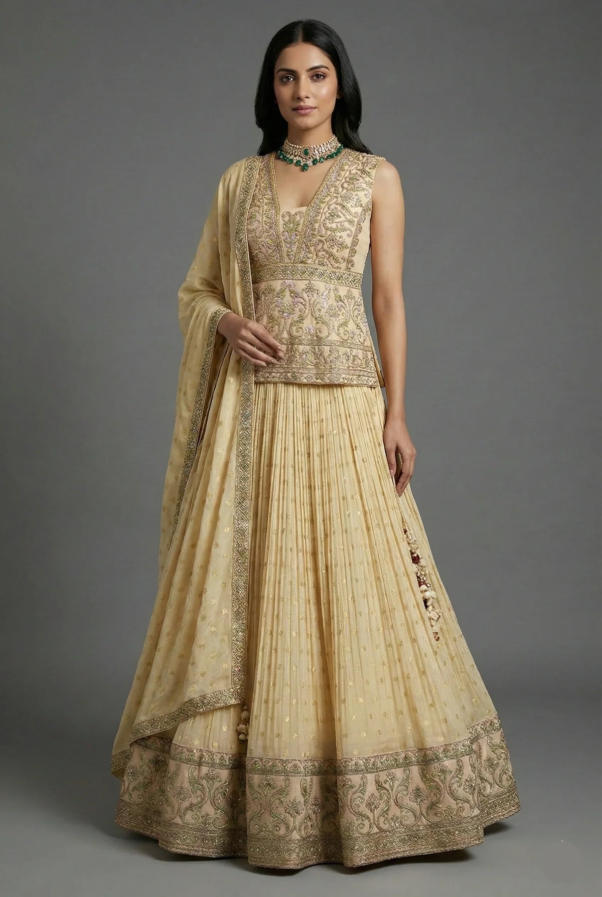 Cream Tissue Embroidered Lehenga Choli with Dupatta