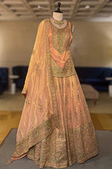 Blush Peach Tissue Embroidered Lehenga with Peplum Blouse
