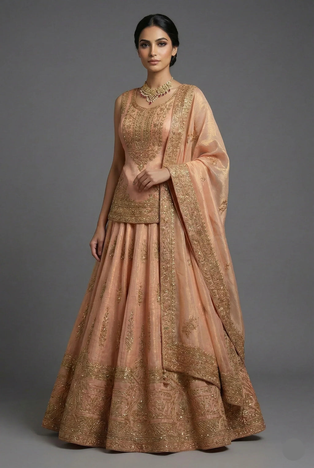 Blush Peach Tissue Embroidered Lehenga with Peplum Blouse