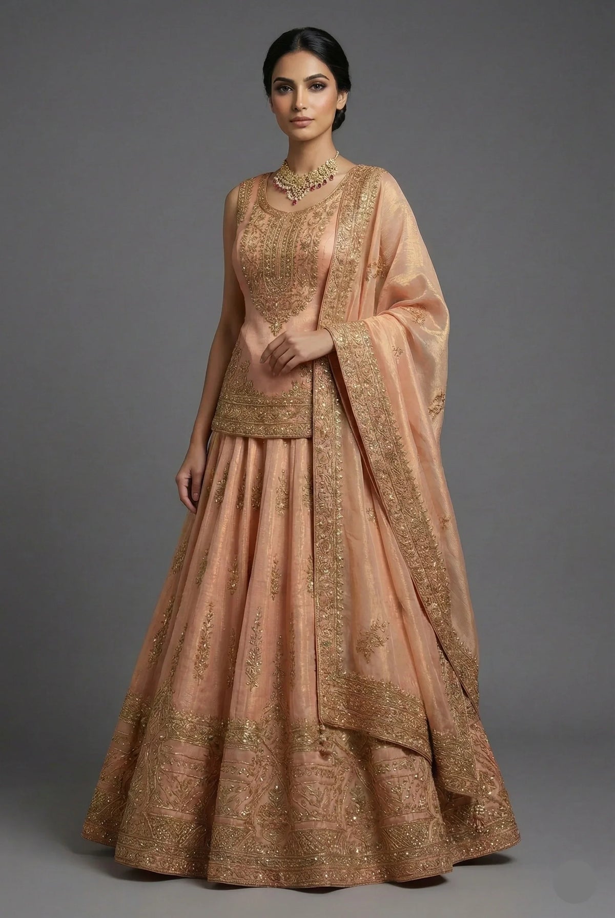 Blush Peach Tissue Embroidered Lehenga with Peplum Blouse