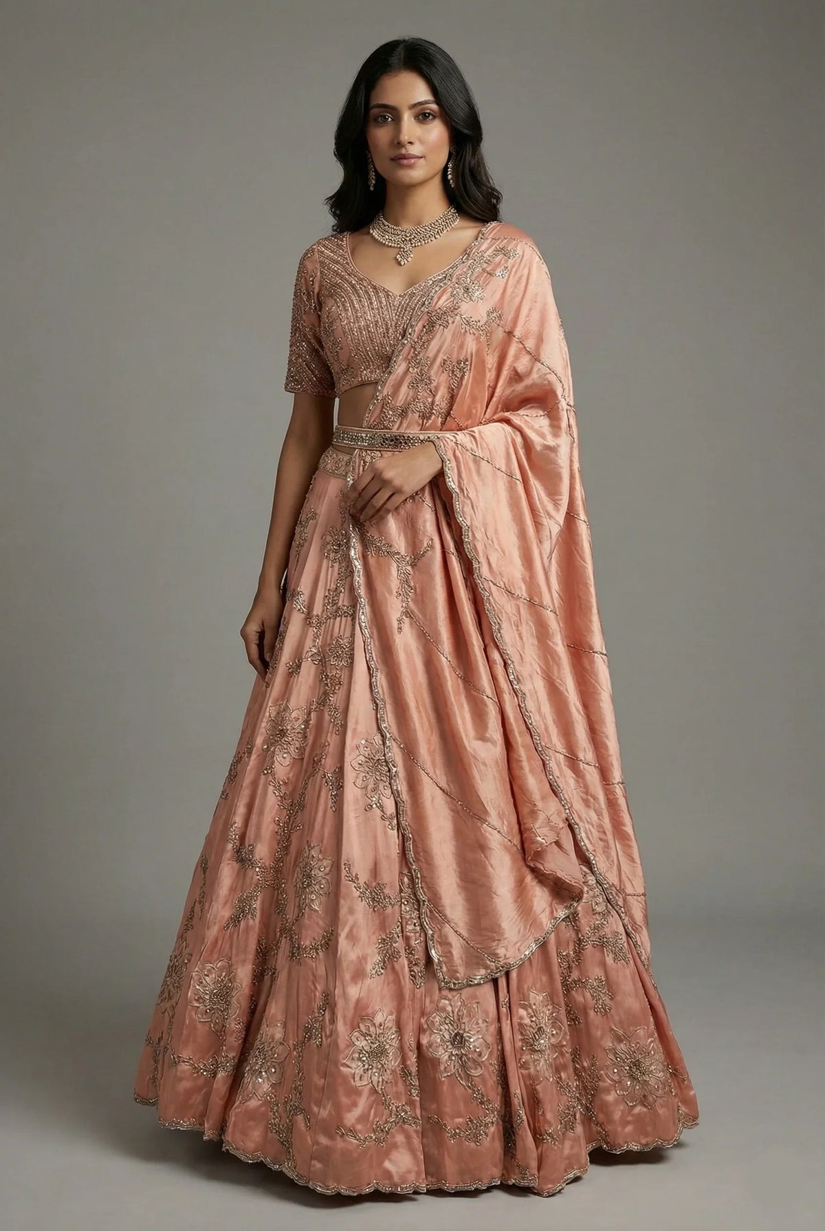 Pink Satin Silk Embroidered Designer Lehenga