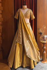 Golden Tissue Silk Plain Lehenga with Sequinned and Beaded Designer Blouse