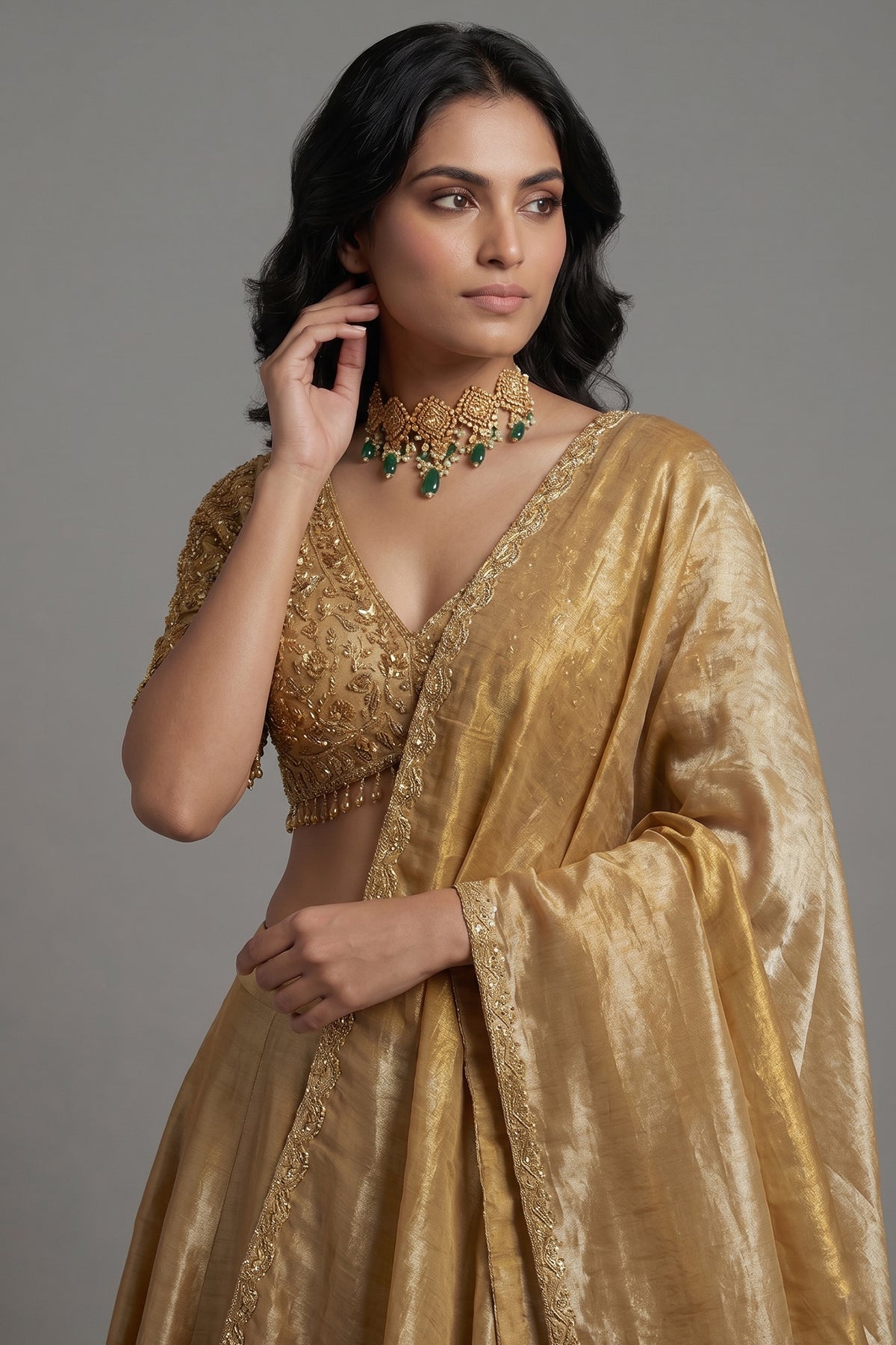Golden Tissue Silk Plain Lehenga with Sequinned and Beaded Designer Blouse