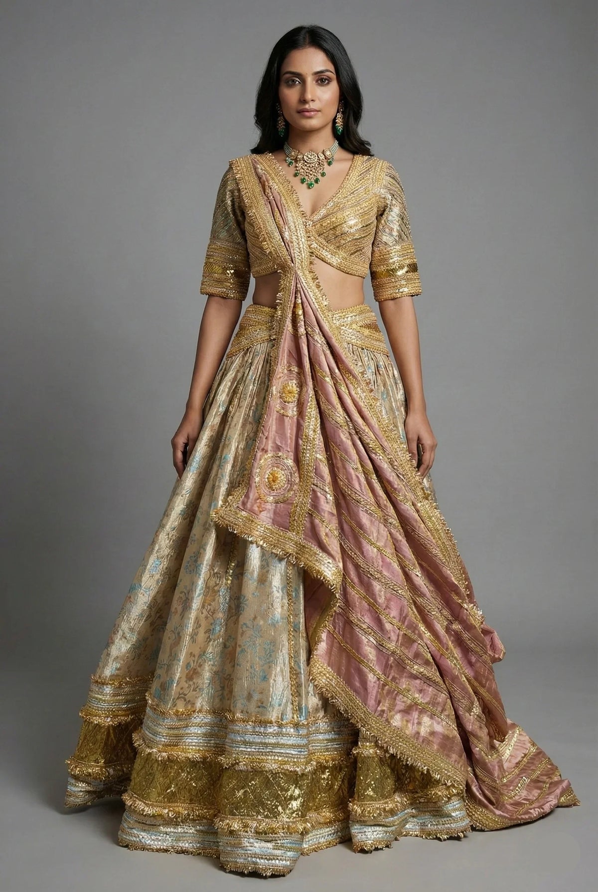 Golden Tissue Silk Plain Lehenga with Designer Blouse