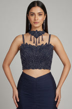 Dark Blue Fishcut Lehenga with Blouse and Choker Dupatta