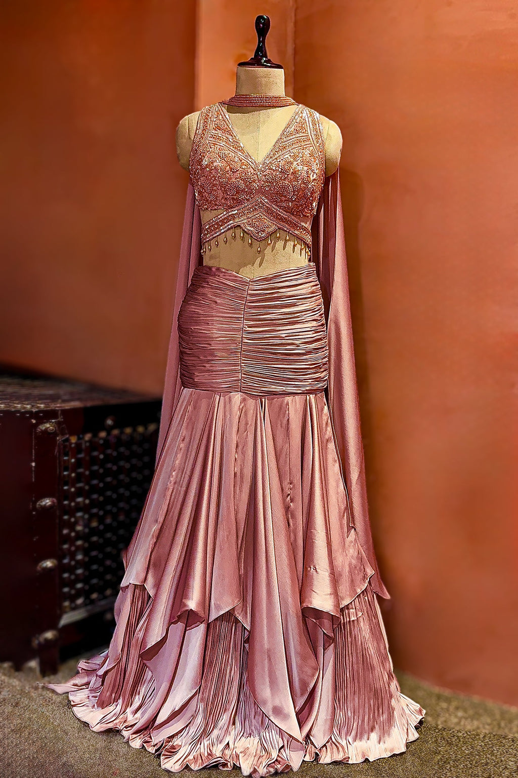 Radiant Blush Fish-Cut Lehenga with Crystal Embellished Choli