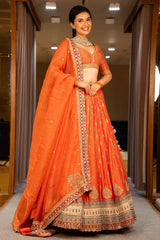 Orange Matka Silk Sequin Embroidered Lehenga
