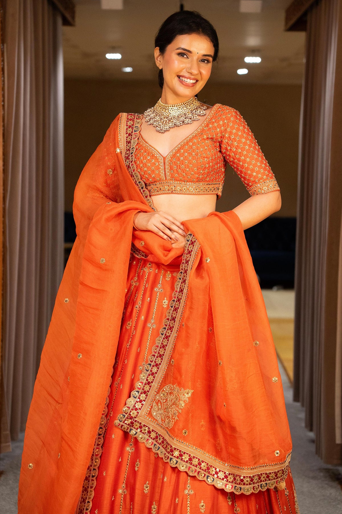 Orange Matka Silk Sequin Embroidered Lehenga
