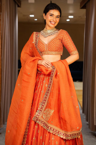 Orange Matka Silk Sequin Embroidered Lehenga