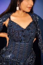 Blue Net Sequinned and Cutdana Worked Fish Cut Lehenga with Corset