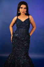Blue Net Sequinned and Cutdana Worked Fish Cut Lehenga with Corset