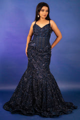 Blue Net Sequinned and Cutdana Worked Fish Cut Lehenga with Corset