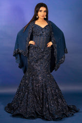 Blue Net Sequinned and Cutdana Worked Fish Cut Lehenga with Corset