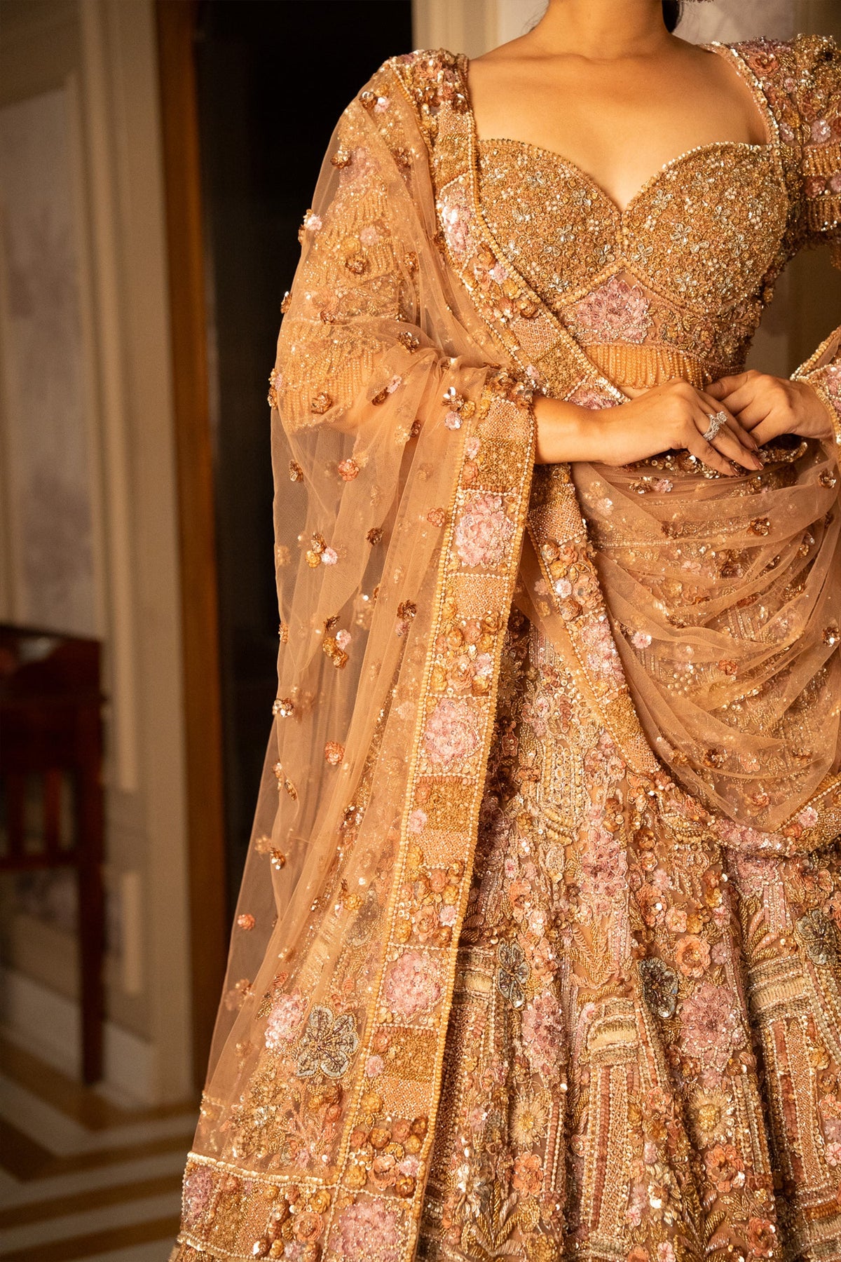 Pink Net Designer Sequin Cutdana and Beaded Lehenga