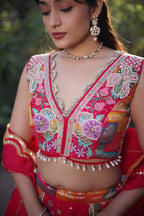 Pink Raw Silk Woven Lehenga with Mirror and Bead Work