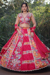 Pink Raw Silk Woven Lehenga with Mirror and Bead Work