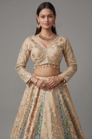 Cream and Green Tissue Mirror and Bead Work Lehenga