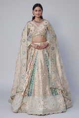 Cream and Green Tissue Mirror and Bead Work Lehenga