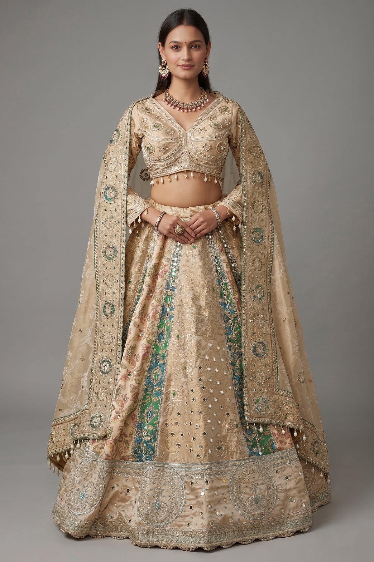 Cream and Green Tissue Mirror and Bead Work Lehenga