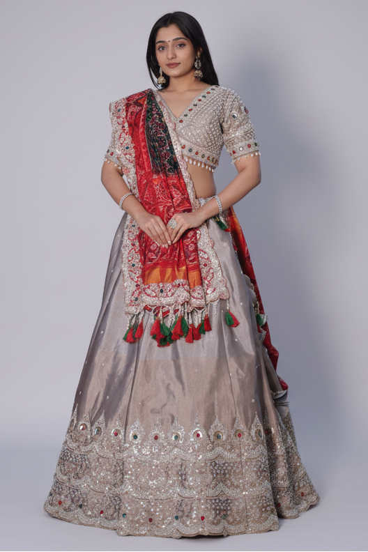 Silver Tissue Beaded and Cutdana Worked Lehenga