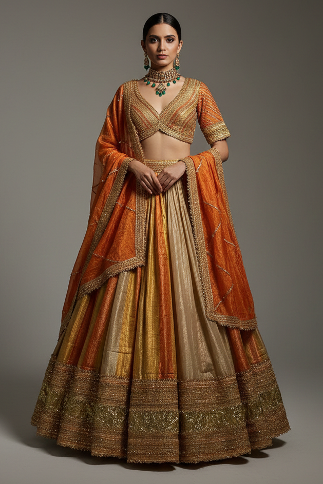 Multi Colored Tissue Organza Lehenga with Lace