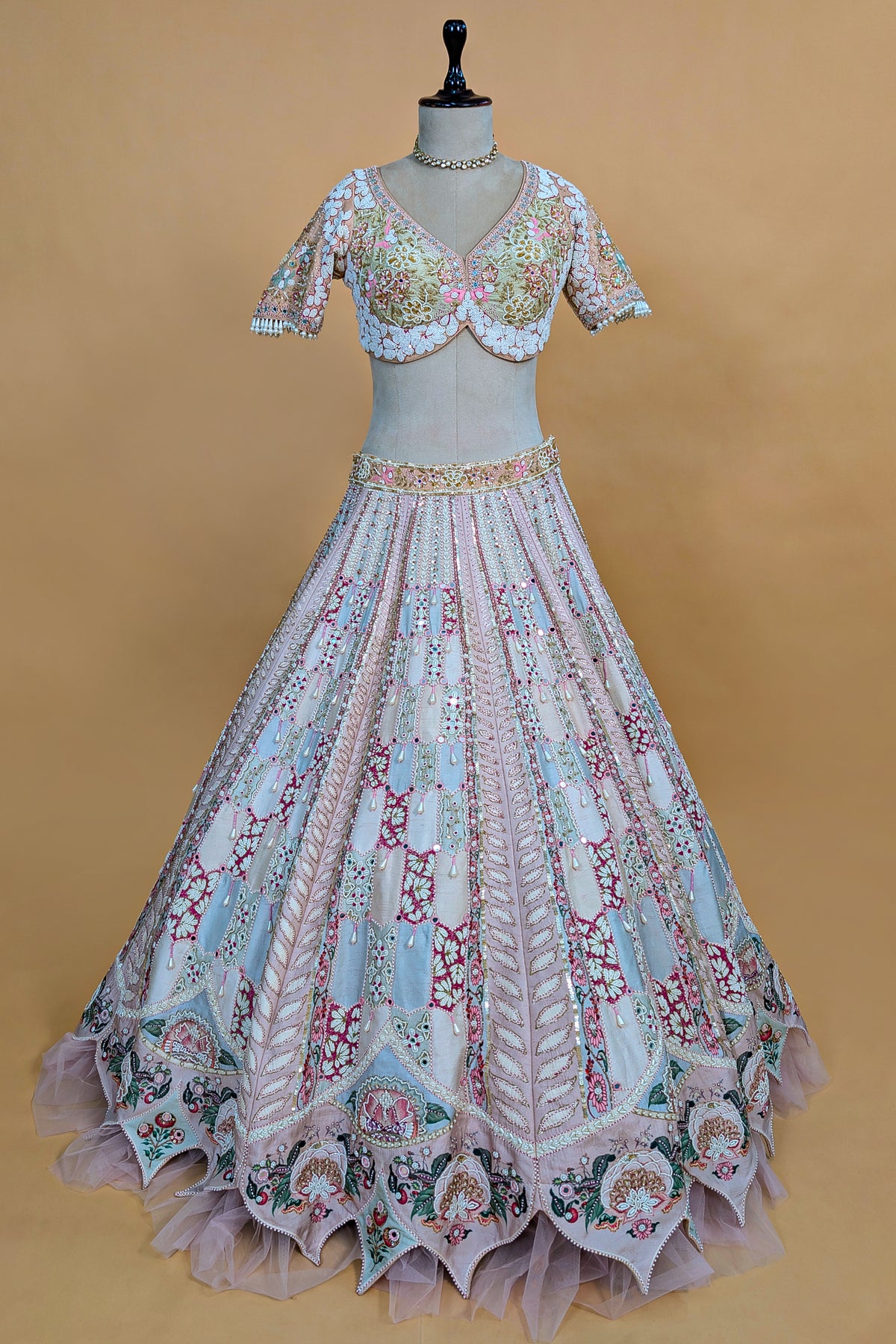 Multi Colored Silk Designer Beaded Worked Lehenga with Scalloped Hem Border
