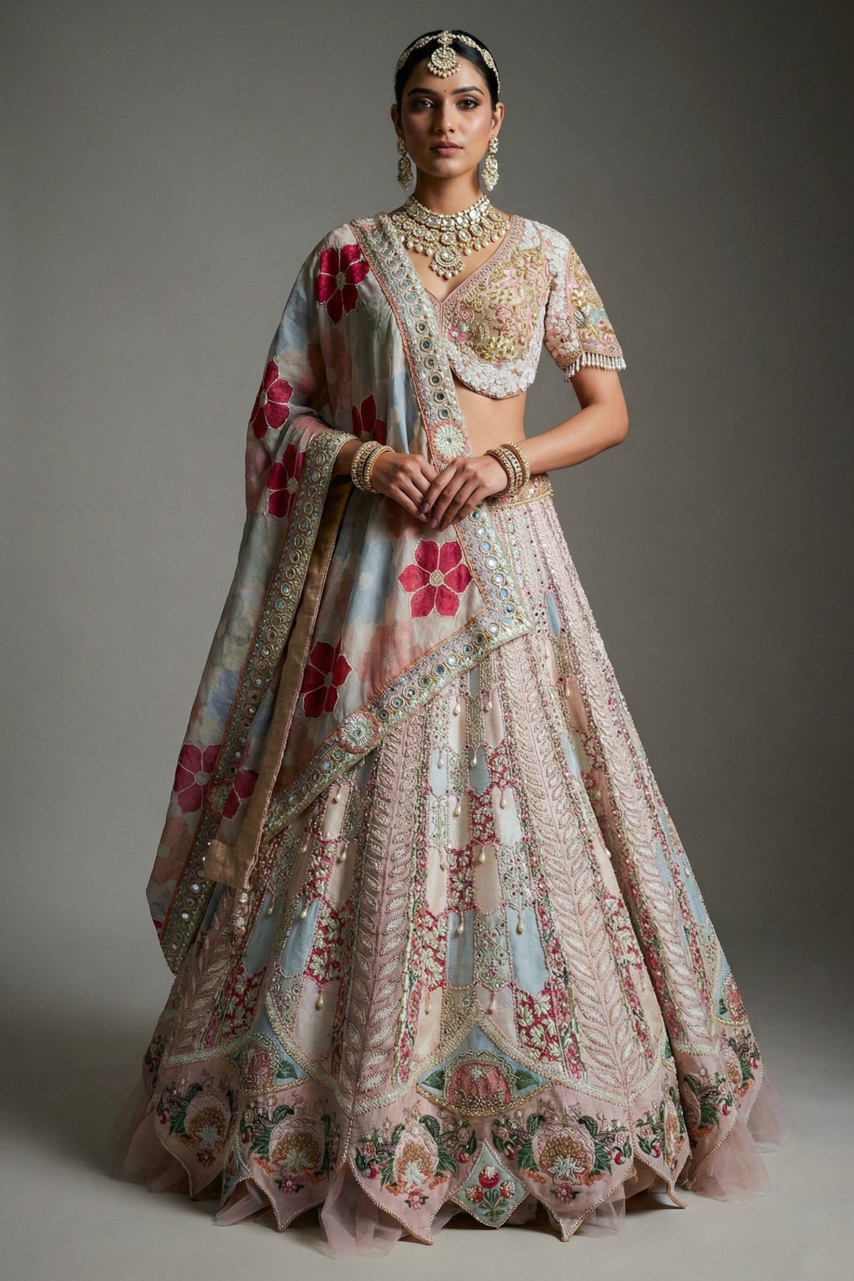 Multi Colored Silk Designer Beaded Worked Lehenga with Scalloped Hem Border