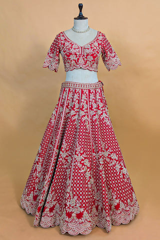 Red Raw Silk Floral Motif Sequin and Bead Worked Bridal Lehenga