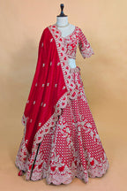 Red Raw Silk Floral Motif Sequin and Bead Worked Bridal Lehenga