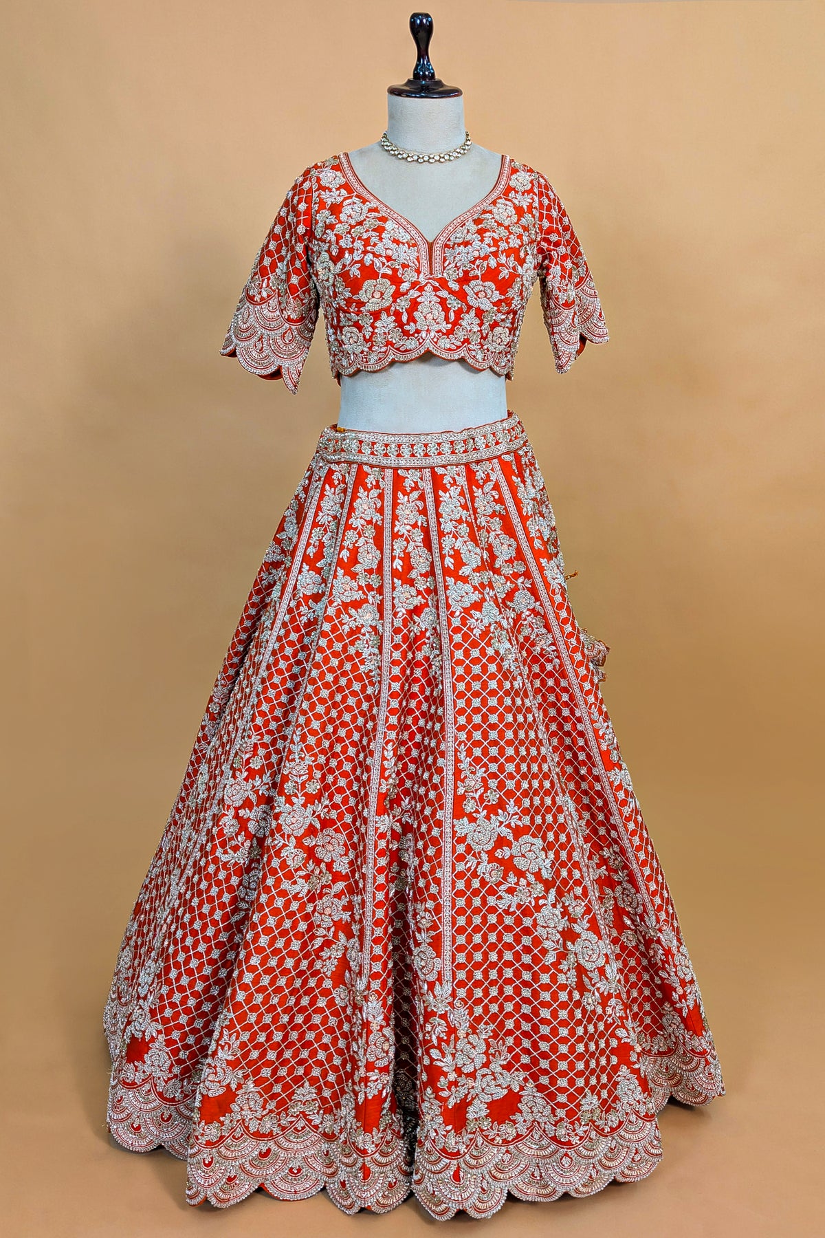 Orange Raw Silk Floral Motif Sequin and Bead Worked Bridal Lehenga