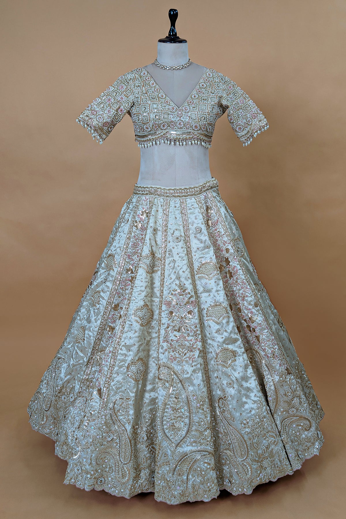 Ivory White Tissue Silk Handworked Bridal Lehenga with Double Dupatta
