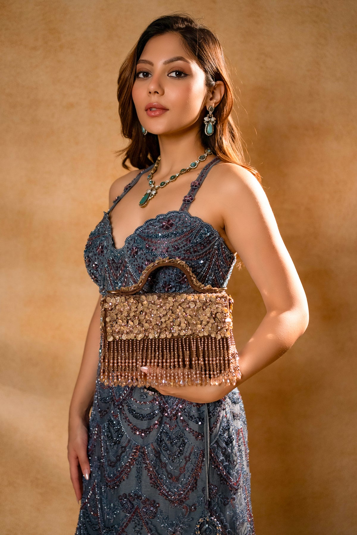 Grey Net Sequin and Cutdana Worked Fish Cut Lehenga with Sweet Heart Neckline Corset