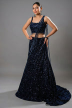 Midnight Blue Net Sequinned Draped Fishtail Lehenga