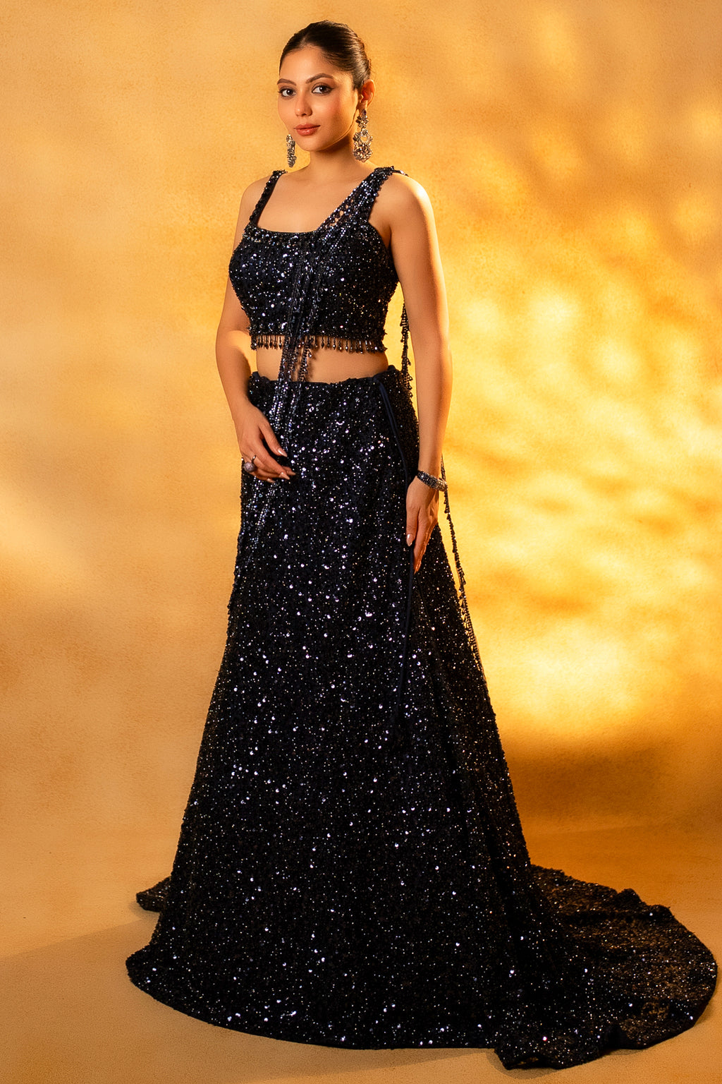 Midnight Blue Net Sequinned Draped Fishtail Lehenga