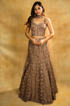 Rose Gold Net Sequinned Fish Cut Lehenga with Corset Blouse