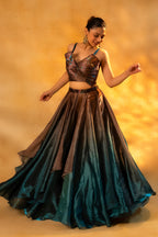 Brown and Prussian Blue Glass Organza Asymmetrical Lehenga
