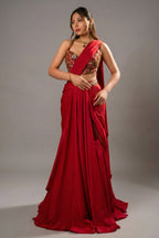 Pink Crepe Satin Draped Lehenga with Attached Dupatta and Designer Blouse