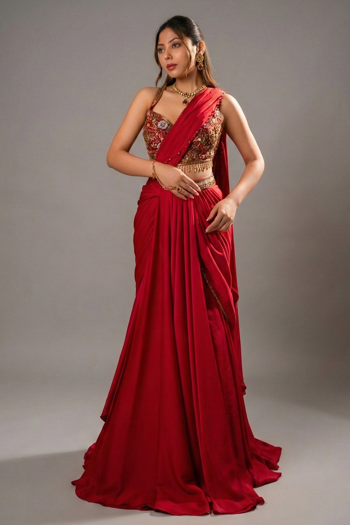 Pink Crepe Satin Draped Lehenga with Attached Dupatta and Designer Blouse