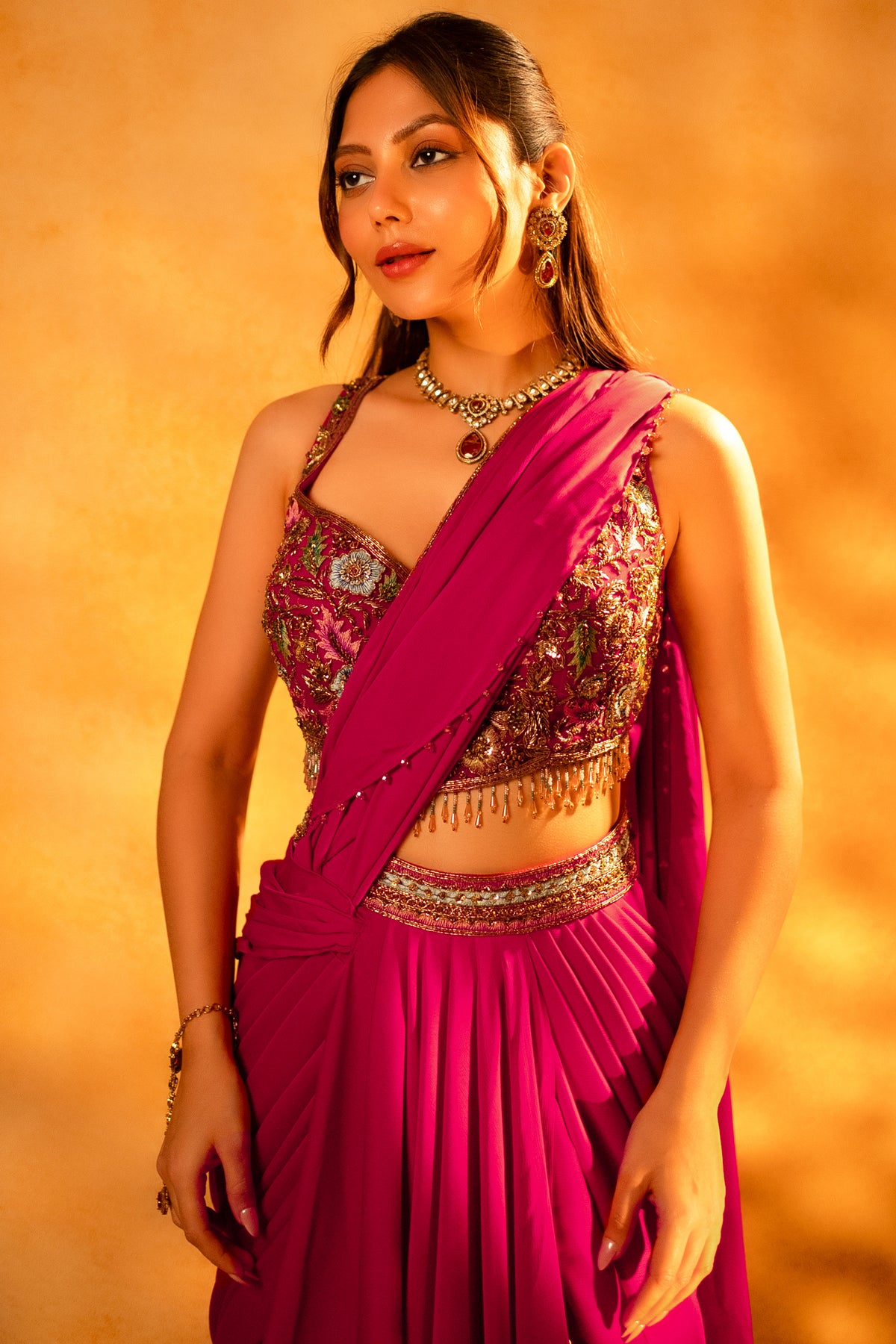 Pink Crepe Satin Draped Lehenga with Attached Dupatta and Designer Blouse