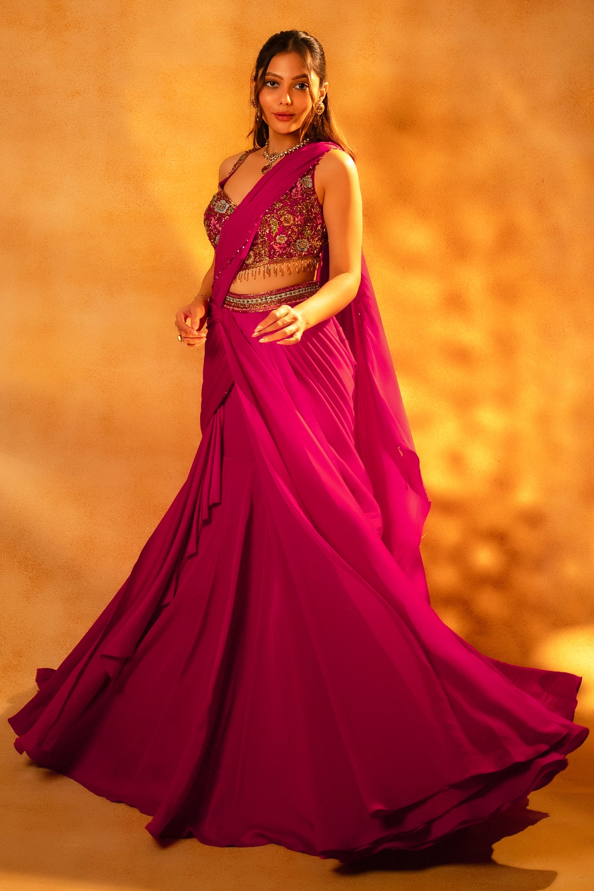 Pink Crepe Satin Draped Lehenga with Attached Dupatta and Designer Blouse