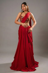 Pink Crepe Satin Draped Lehenga with Attached Dupatta and Designer Blouse