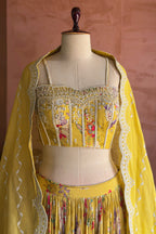 Lime Yellow Chiffon Chinon Silk Floral Printed Corset Lehenga