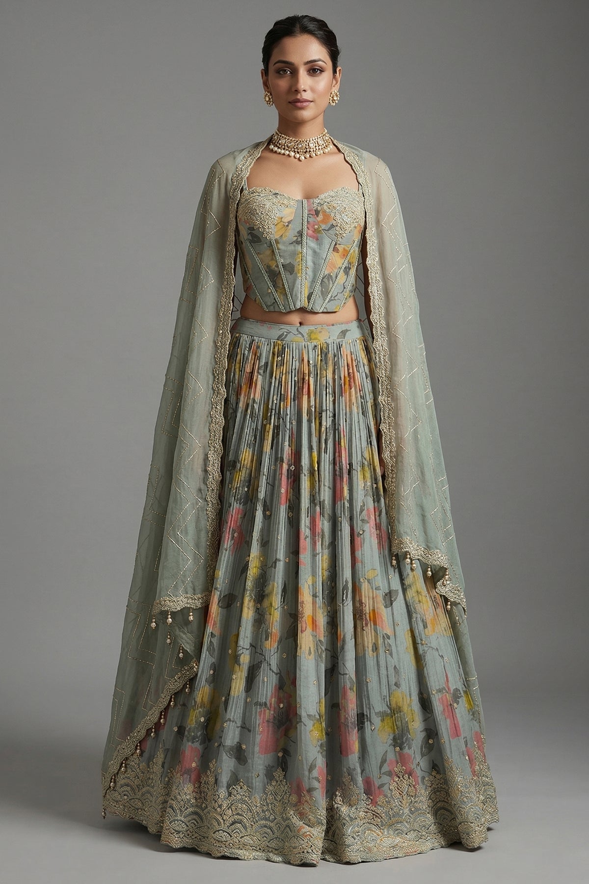 Light Sage Green Chinon Chiffon Silk Digital Floral Printed Corset Lehenga
