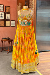 Amber Yellow Mustard Organza Printed Lehenga Set