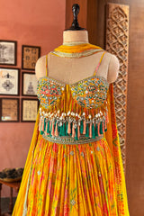 Amber Yellow Mustard Organza Printed Lehenga Set