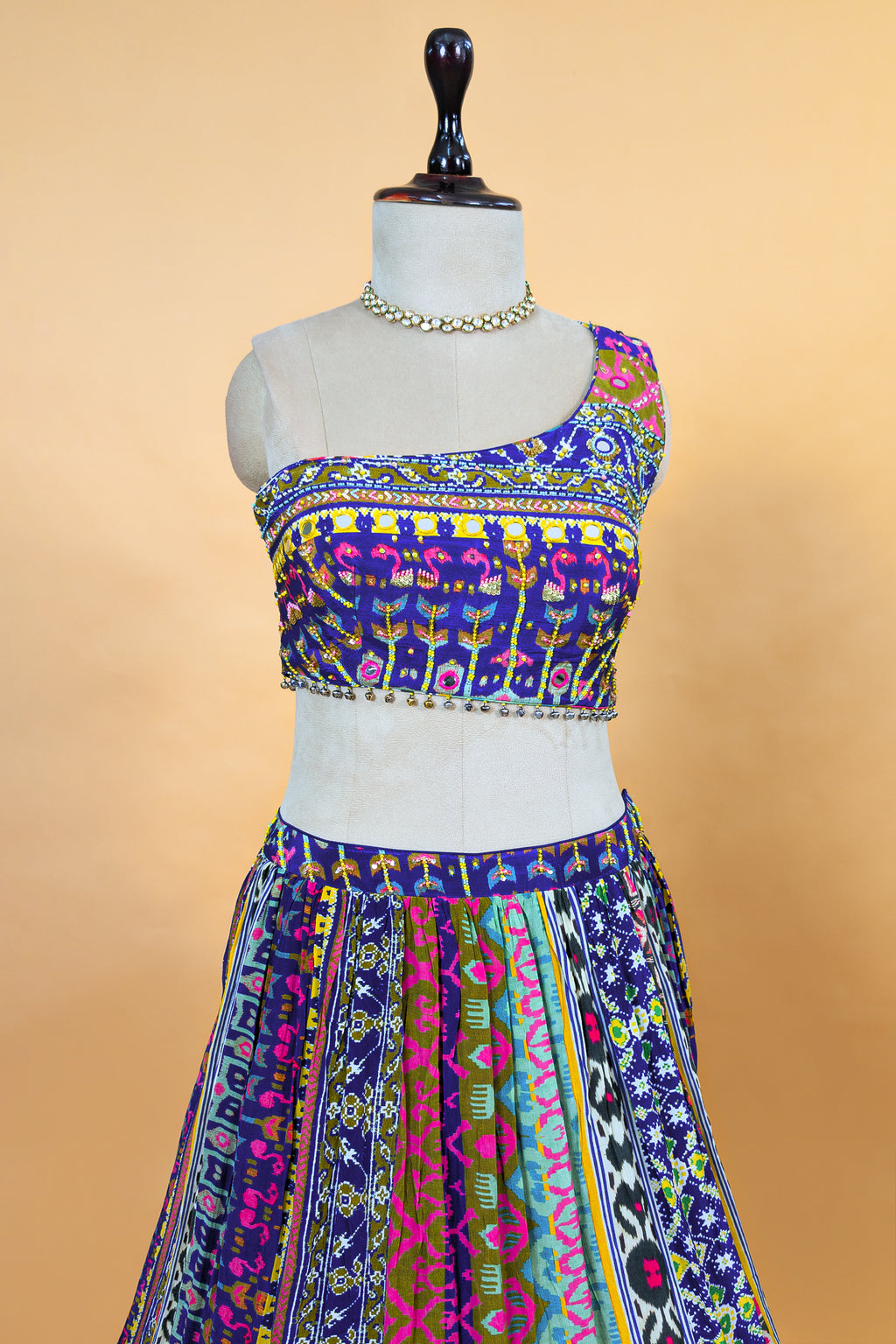 Blue Crepe Silk Printed Asymmetric Neckline Lehenga Set