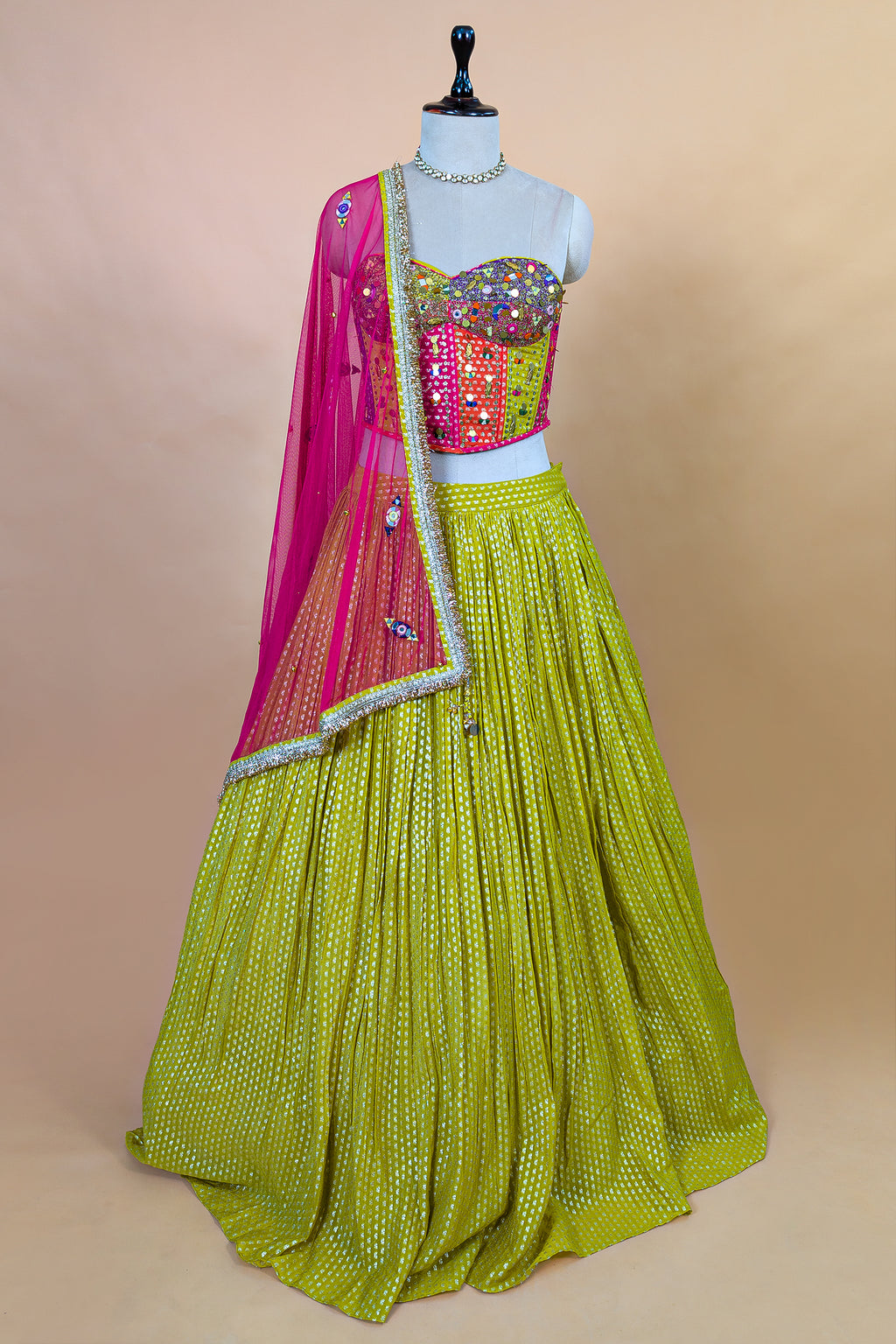 Citrine Yellow Chinon Pleated Corset Lehenga Set