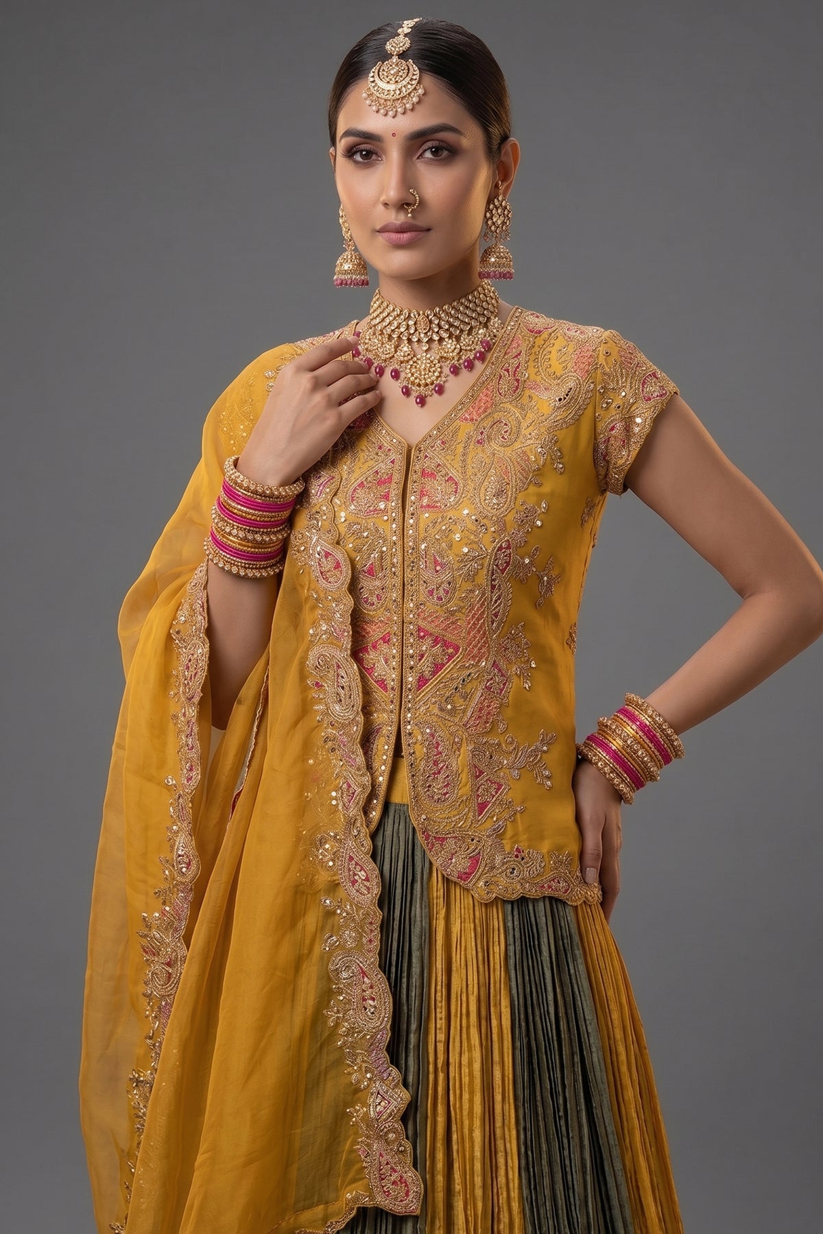 Multi Colored Chinon Shimmer Embroidered Lehenga Set